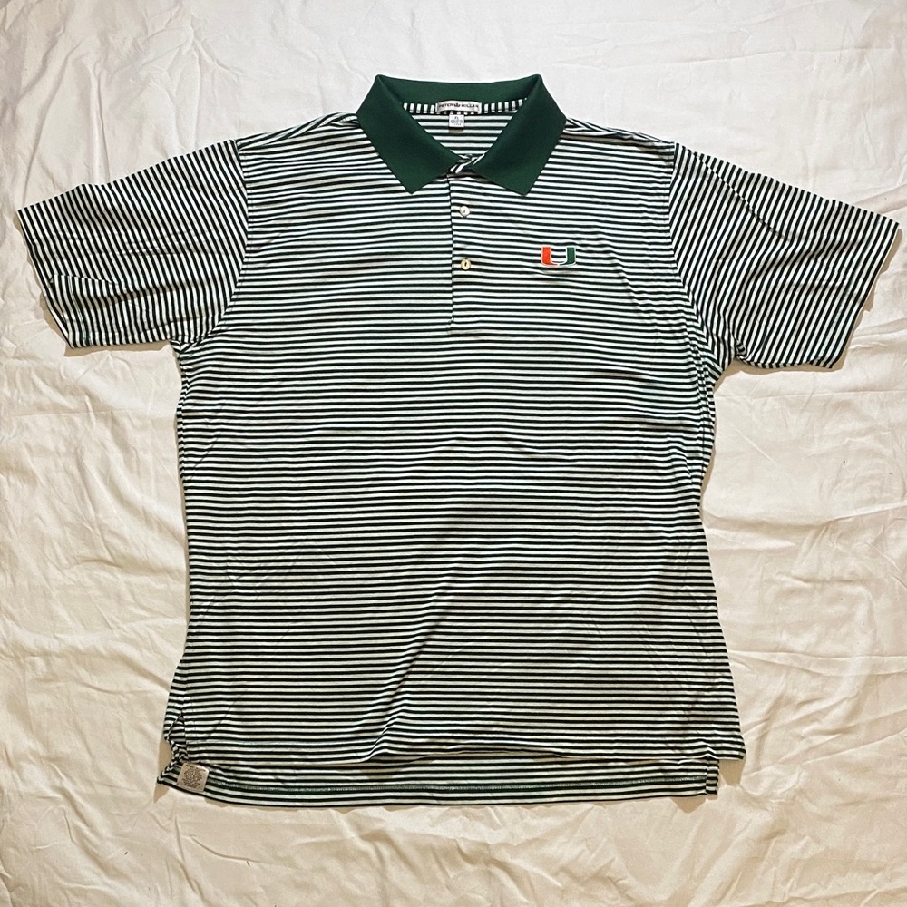 Peter Millar Miami University Green and White Striped Polo with Green Collar